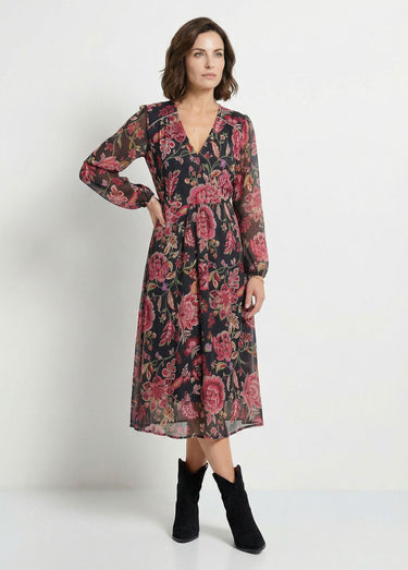 Robe longue cache-coeur volantée voile fleuri Noir/Prune