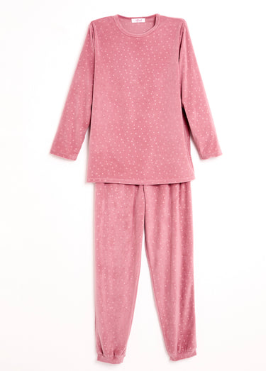 Pyjama pantalon col rond velours embossé pois Rose