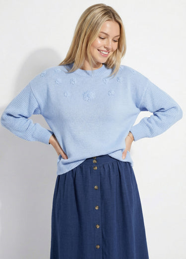 Pull doux brodé col rond Bleu
