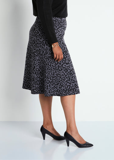 Jupe longue évasée maille jacquard Gris / Leopard