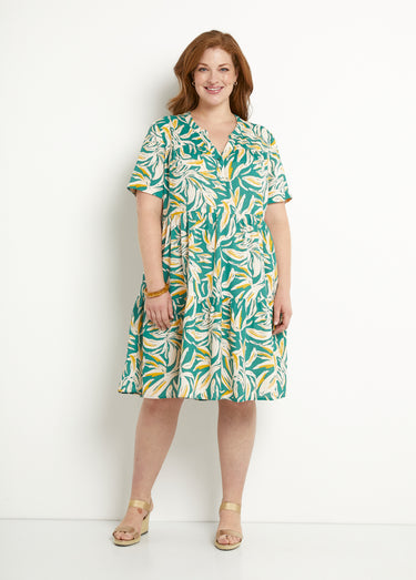 Robe col V boutonnée imprimée manches courtes Vert/Blanc