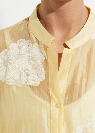 Chemisier en voile, broderies camelias Jaune