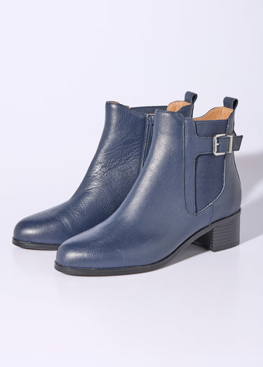 Boots cavalières avec talon, en cuir Marine