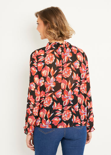 Tunique voile imprimé fleurs liens col V Noir Imprime