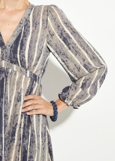 Robe courte col V taille haute plissée Gris/Ecru
