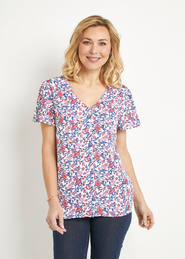 Chemisier fleuri col V manches courtes Bleu/Rose