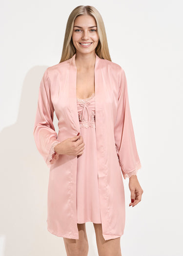 Nuisette satin et dentelle + déshabillé Rose