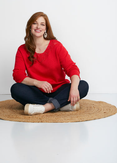 Pull manches longues mailles fantaisie Rouge