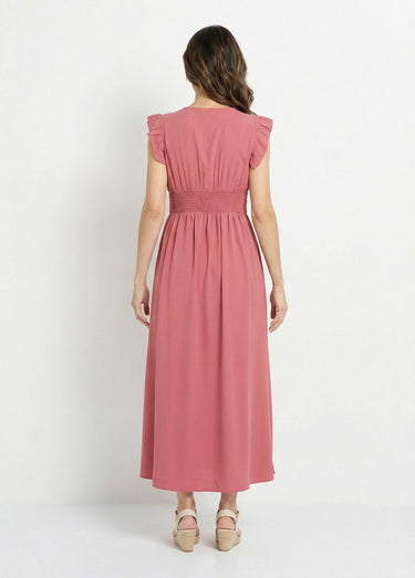Robe longue sans manches taille plissée Vieux Rose