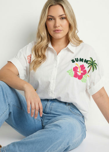 Chemisier uni, broderies thème Summer Blanc / Multicolore