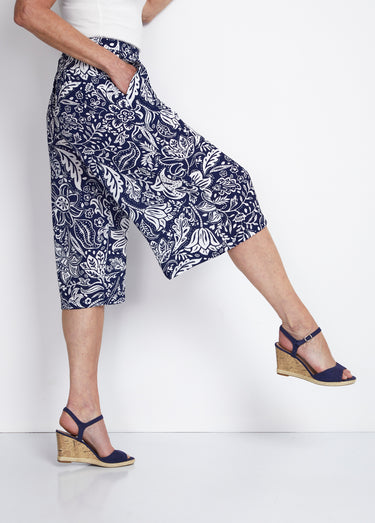 Jupe-culotte taille élastiquée tissu gaufré Bleu / Blanc
