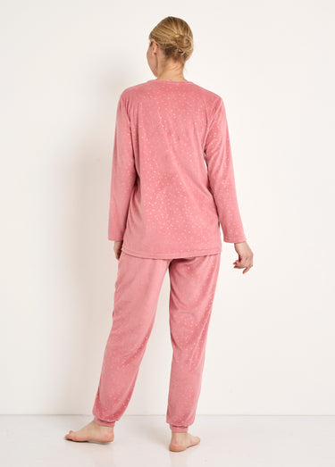 Pyjama pantalon col rond velours embossé pois Rose