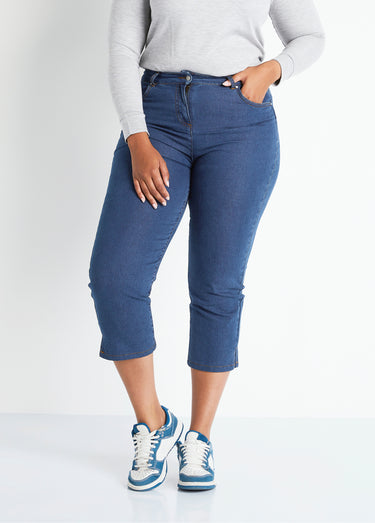 Pantacourt ceinture extensible en jean Bleu