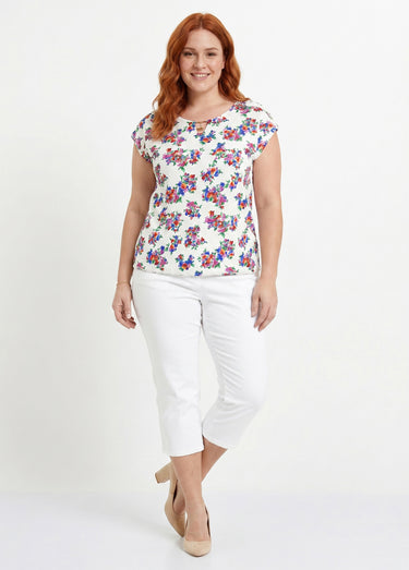 T-shirt blousant col bijou fleuri Fond Blanc