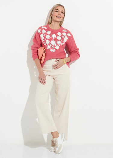 Pull moelleux col rond fleurs brodées Rose