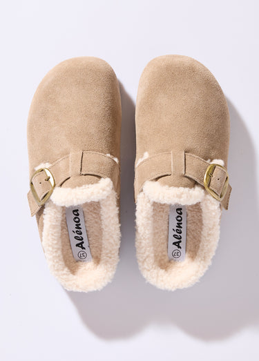 Sabots en cuir suédé, intérieur fourrure Taupe