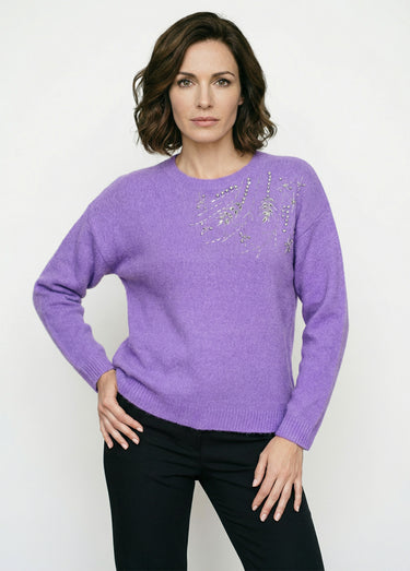Pull doux col rond avec strass et sequins Violet