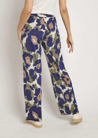 Pantalon fluide stretch, fleuri stylisé Marine/Kaki