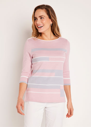 Pull manches 3/4 col bateau jacquard rayé devant Rose/Gris