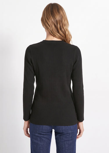 Pull fin uni maille côtelée col V Noir