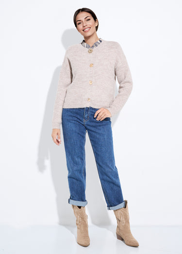 Gilet col rond avec laine, boutons métal Beige