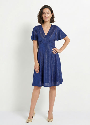 Robe cache-coeur courte brillante manches papillon Bleu Nuit
