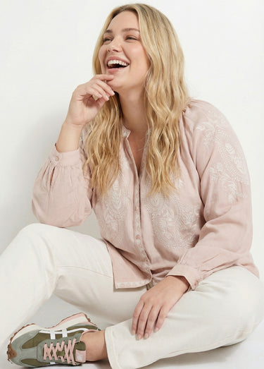 Blouse avec broderies et petit col V Beige/Ecru