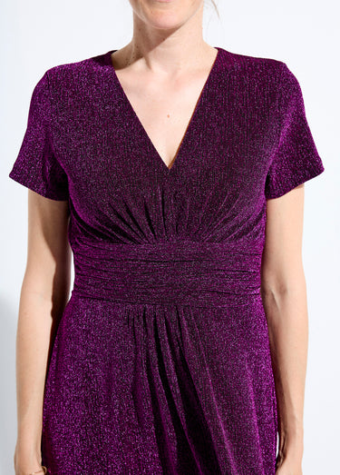 Robe longue brillante col V smockée dos Rose