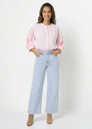 Chemisier ample vichy, broderies fluo Rose