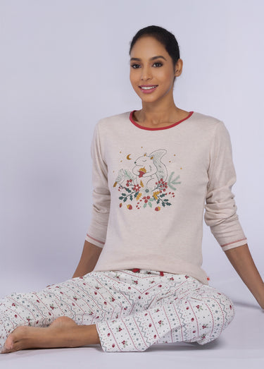 Pyjama motif col rond manches longues Beige / imprimé