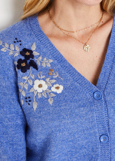 Gilet doux uni col V boutonné court brodé Bleu