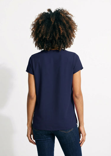 Top long manches courtes broderies col rond Marine
