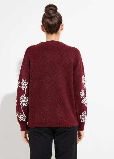 Pull montant application fleurs brodées Bordeaux