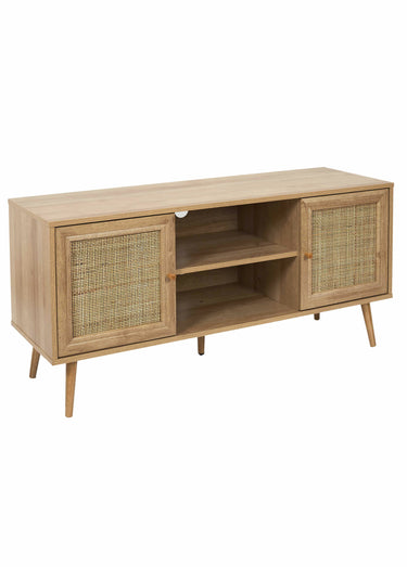 Meuble TV bas en bois et cannage Marron