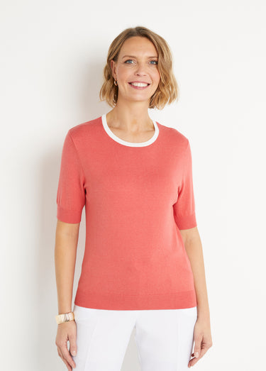 Pull doux manches courtes col rond Coquelicot