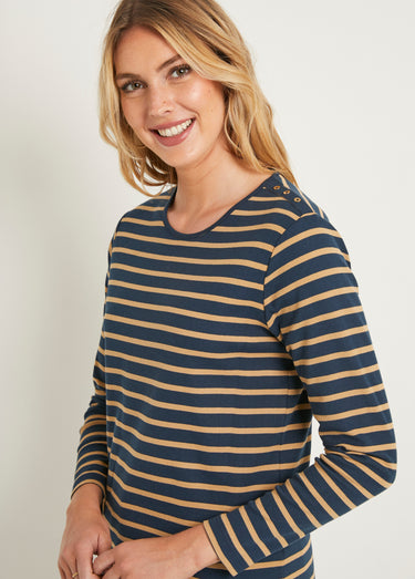 T-shirt marinière court coton manches longues Marine/Camel