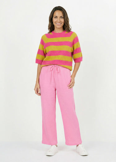 Pull rayé manches courtes avec laine Fuchsia/Vert olive