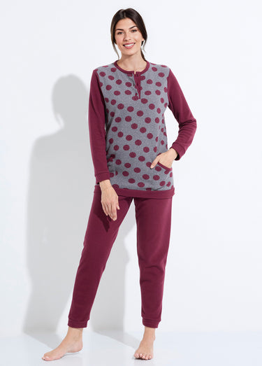 Pyjama pantalon maille milano imprimé pois Bordeaux