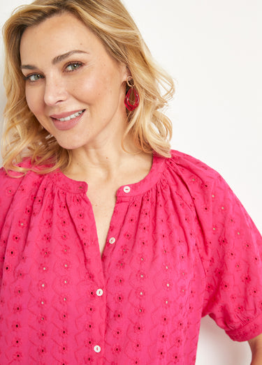 Chemisier ample coton brodé sans col Fuchsia