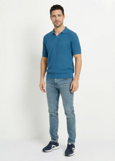 Pull fin col polo, en maille texturée Bleu