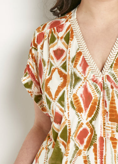 T-shirt col V ample manches courtes Vert/Terracotta