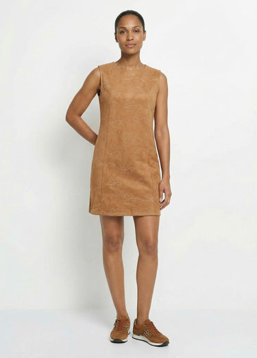 Robe chasuble suédine rebrodée col rond Camel