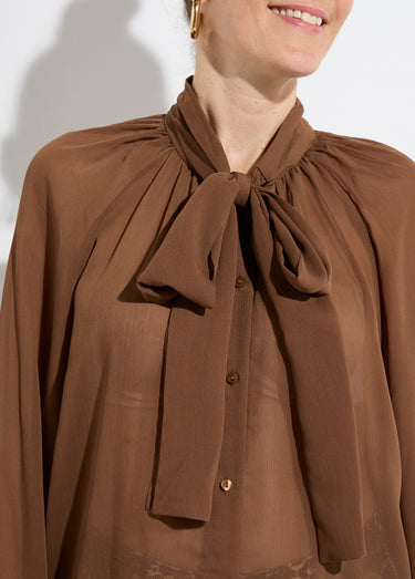 Chemisier voile uni avec col lavallière Chocolat