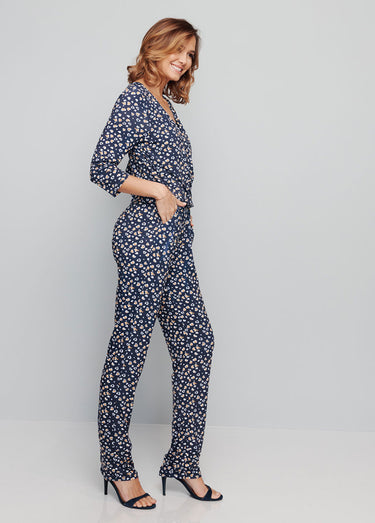 Combi-pantalon imprimée manches 3/4 Marine/Miel