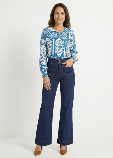 Chemisier col claudine, motif fantaisie Bleu Imprime