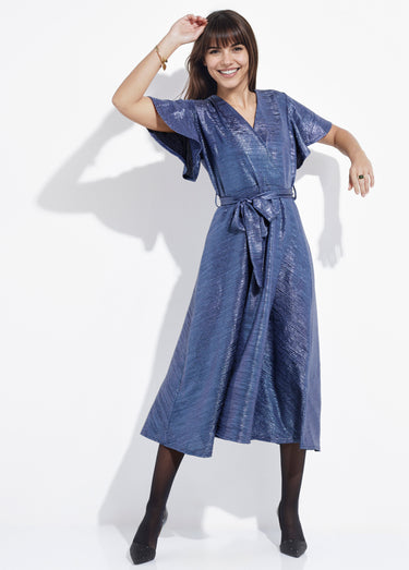 Robe longue brillante, manches papillon Bleu Nuit