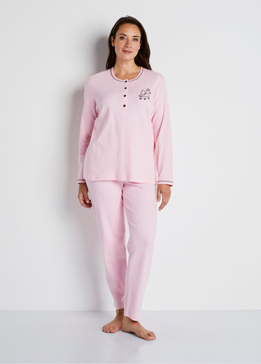 Pyjama 2 pièces coton, broderie poitrine Rose