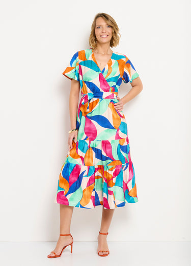Robe longue cache-coeur volantée manches courtes Orange/Bleu
