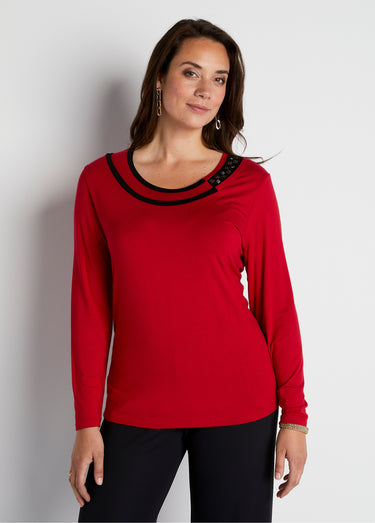 T-shirt fluide col rond avec strass Rouge