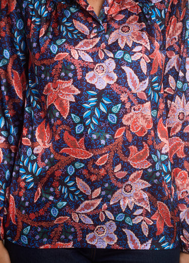 Blouse satin col V manches élastiquées Bleu / Orange